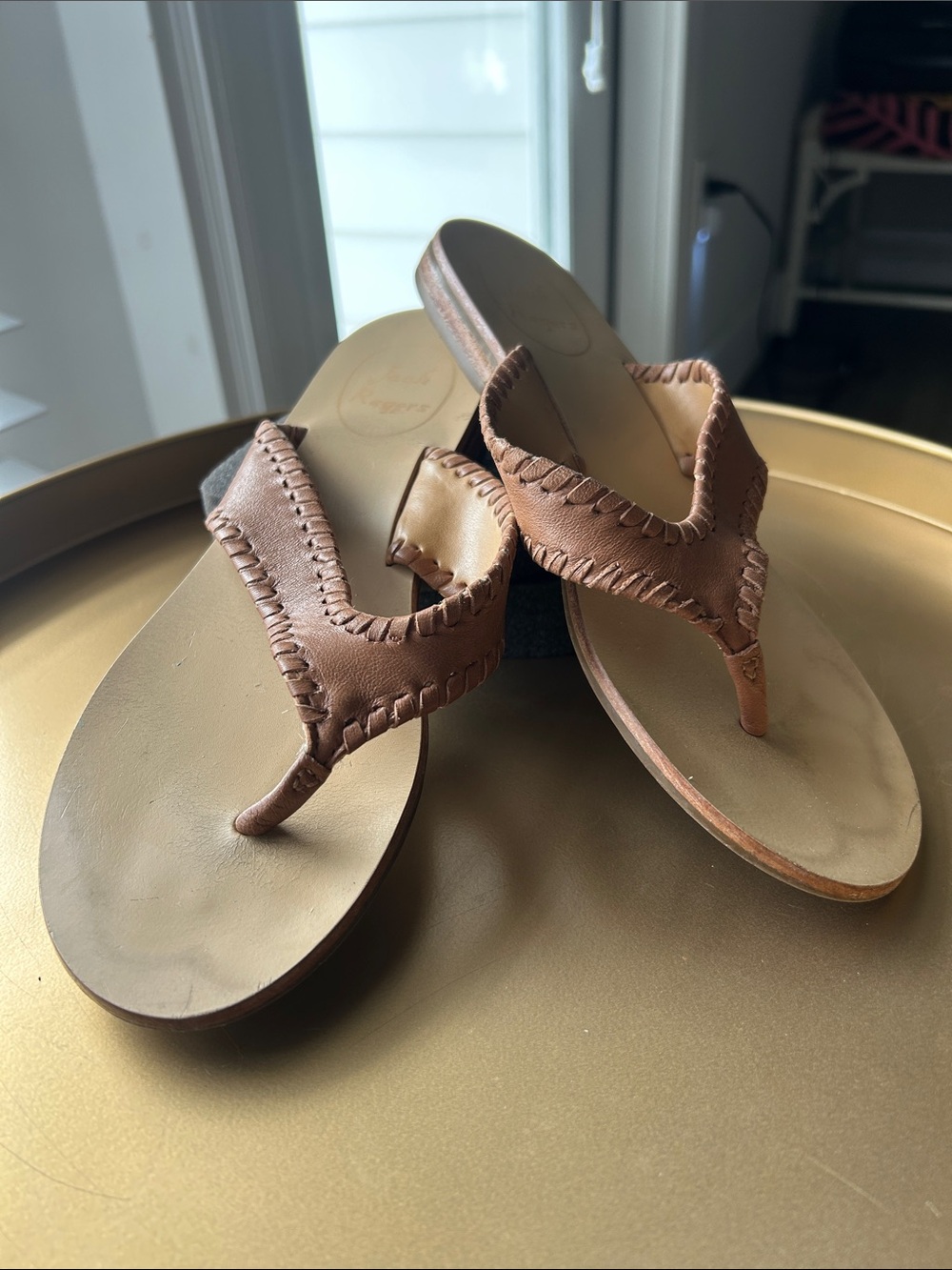 Jack Rogers Brown Leather Whipstitch Thong Sandals